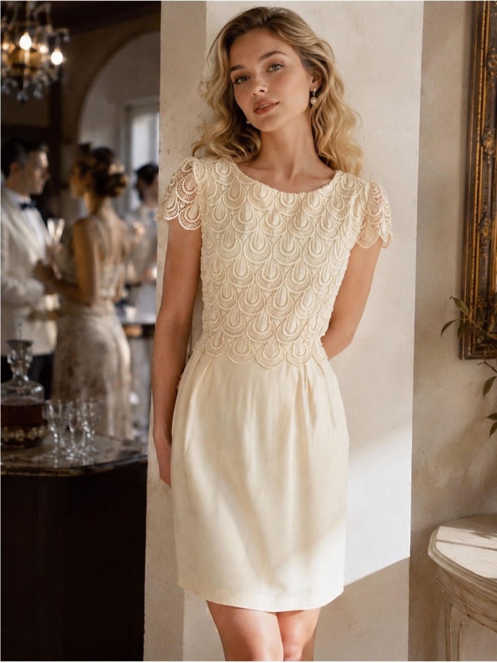 50s Cream Wiggle Pin Up Cocktail Dress Lace 2